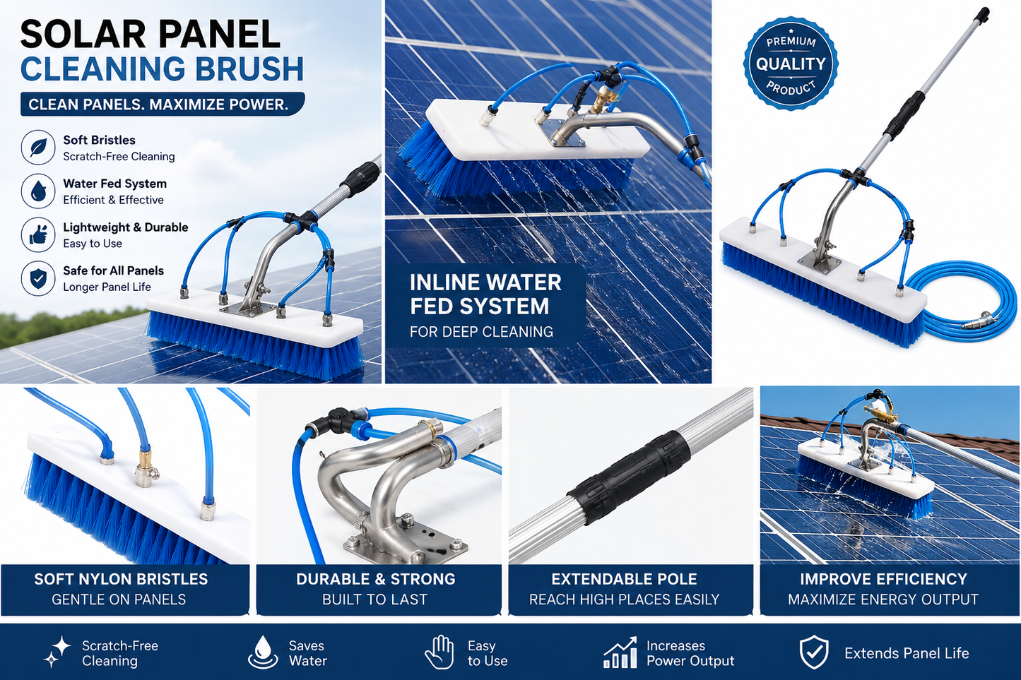 Solar panel cleaning brush with features and benefits highlighted on a blue background