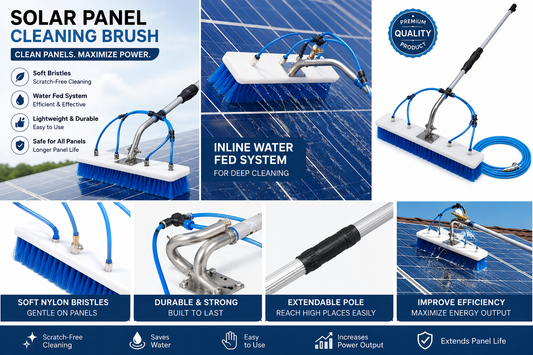 Solar panel cleaning brush with features and benefits highlighted on a blue background