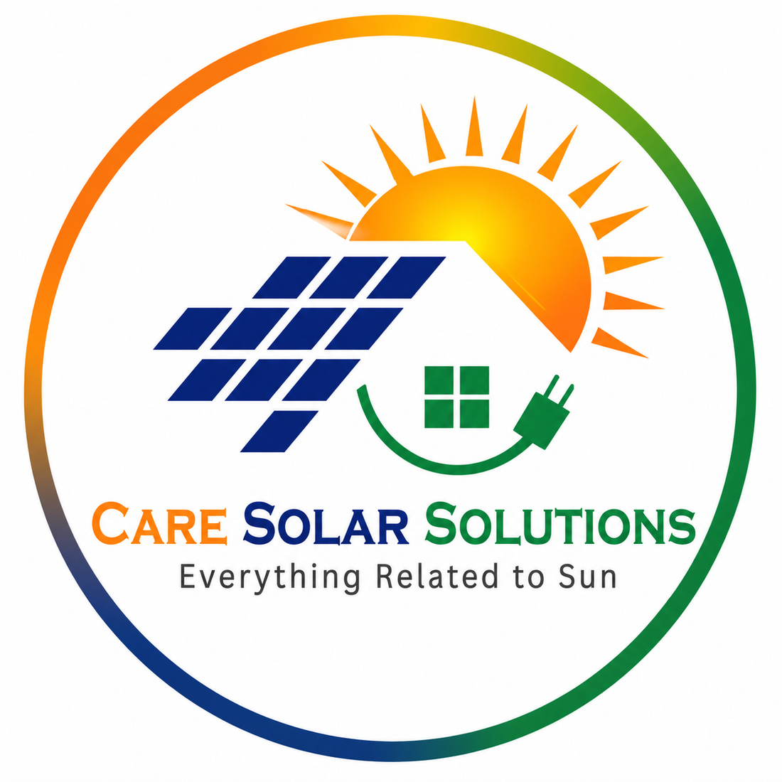 Logo of Care Solar Solutions with solar panels, sun, and house icon on a white background